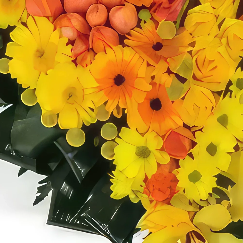 Lyon-virágok- Sárga és narancssárga gyászszív Suttogás Virágkötészeti csokor