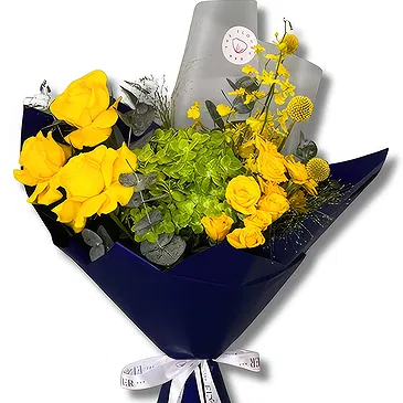Garhoud flowers  -  Yellow Roses and Lush Green Hydrangea  Flower Bouquet/Arrangement