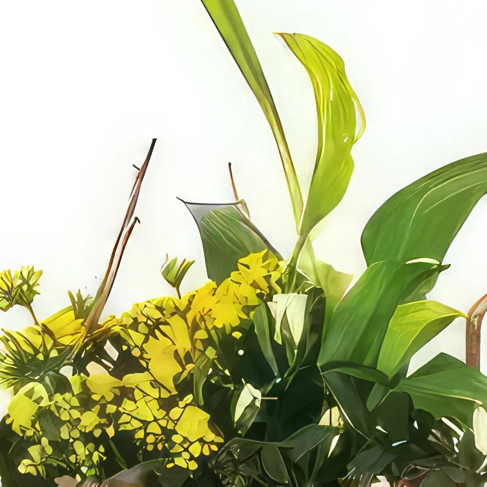 Pau-virágok- Sárga-fehér gyászkompozíció Intenzitás Virágkötészeti csokor