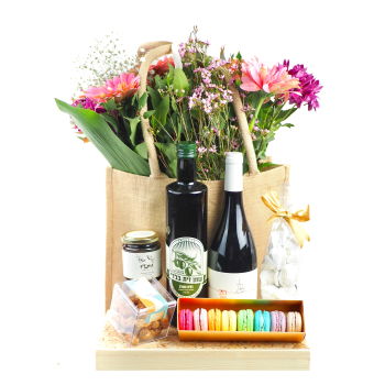 بائع زهور بيرغن- مجموعة وجبات خفيفة من النبيذ والأزهار