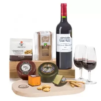 Londýn online květinářství - Kompletní sýrová deska s Bordeaux Gift Bask Kytice