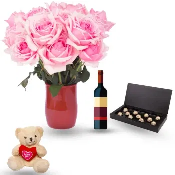 San Marino online bloemist - Boeket roze rozen met chocolade teddy a Boeket