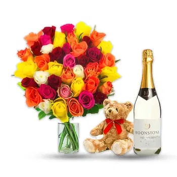 Mongolia online Florist - 50 mix roses with teddy and white wine Bouquet