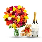 flores Chires floristeria -  50 rosas mixtas con osito y vino blanco Ramo de flores/arreglo floral