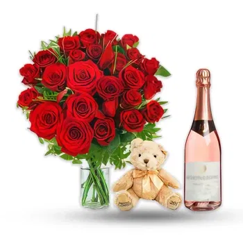 Chisinau Online Florist - 24 röda rosor med nalle och vitt vin Bukett