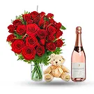 fiorista fiori di San Sebastian de Yali- 24 rose rosse con orsacchiotto e vino bianco Bouquet floreale