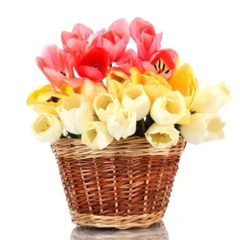 Athens online Florist - Basket of white yellow and pink tulips Bouquet