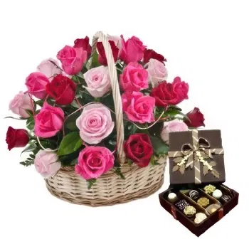 Mongolia online Florist - basket of 24 pink roses with chocolates Bouquet