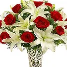 China flowers  -  Red Roses & 4 White Lilies Vase Arrangement w Flower Bouquet/Arrangement