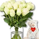 Holland flowers  -  White Roses + Free Bear Flower Bouquet/Arrangement