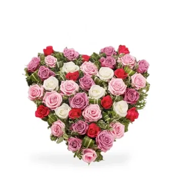 Флоренция цветя- Сърце от бели и цветни розови рози