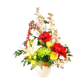 Włochy kwiaty- Kompozycja Kwiatowa Z Lilii, Róż I Gerbery