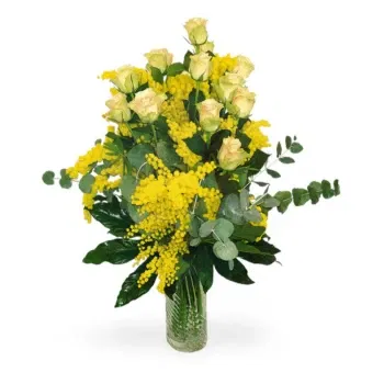 Włochy kwiaty- Bukiet Królewskich żółtych Róż I Mimozy