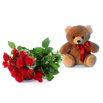 Firenze-virágok- Csokor Vörös Rózsa és Puha Játékok
