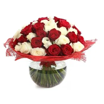 بائع زهور فلورنسا- تكوين الورود الحمراء والبيضاء في مزهرية