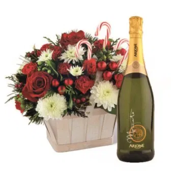neapol kvety- Vianočný Kvetinový Košík So šampanským