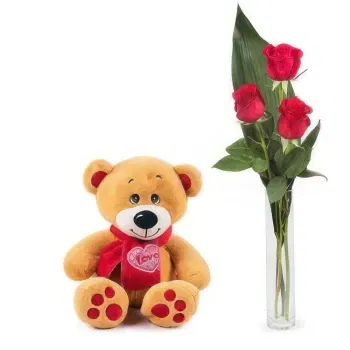 flowers  -  Three Red Roses and Teddy Bear Delivery