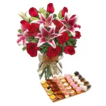  flowers  -  Red Bouquet with Tray of Pastries Flower Delivery