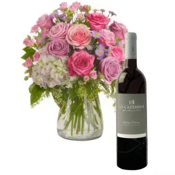  flowers  -  Bouquet with Bottle of Red Wine Flower Delivery