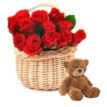  flowers  -  Basket of Red Roses and Soft Toys Flower Delivery