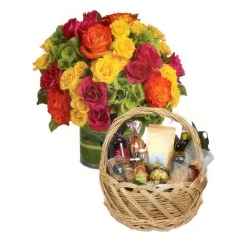  flowers  -  Colorful Centerpiece with Food Basket Flower Delivery
