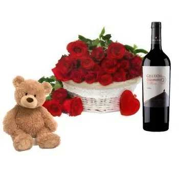  flowers  -  Basket of Red Roses with Wine and Soft Toys Flower Delivery