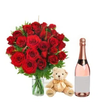  flowers  -  Red Roses Bouquet with Wine & Soft Toys Flower Delivery