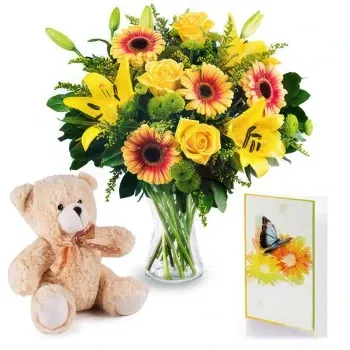 Reunion flowers  -  Yellow flowers bouquet with teddy bear and ca Delivery