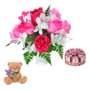  blomster- Hvid og pink buket med bamse og elegant Blomst Levering