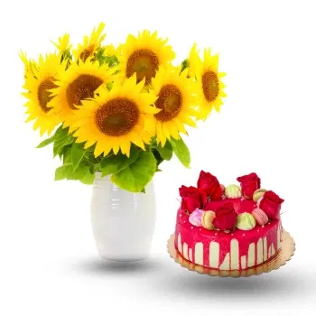 Israel online Florist - Arrangement of sunflowers with modern cake Bouquet