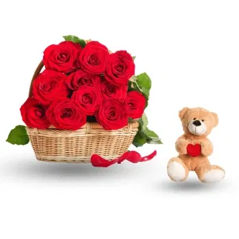 Reunion flowers  -  basket of 12 red roses with teddy Flower Delivery