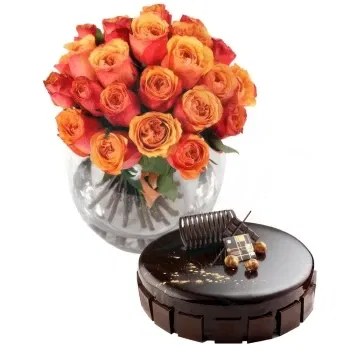 Benin online Florist - Bouquet of orange roses with chocolate cake Bouquet