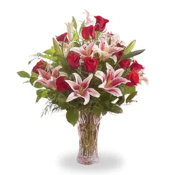 Etuoke Qi Online blomsterbutikk - Glassvase med røde roser og rosa Casablanca Bukett