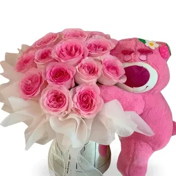 China online Florist - Pink Roses Box with Adorable Pink Bear Bouquet