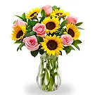 Huaibei bloemen bloemist- Levendig zonnebloem- en roze rozenboeket in V Boeket/bloemstuk