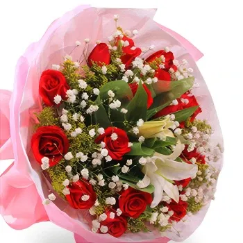 China online Florist - Red Roses and White Lily with Baby’s Breath B Bouquet