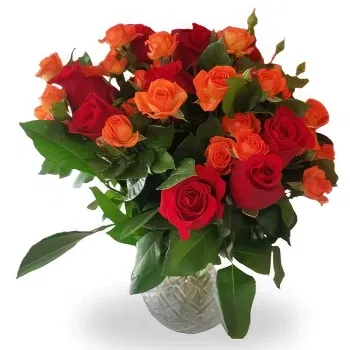 Kina Online Florist - Röda och orange rosor bukett i glasvas Bukett