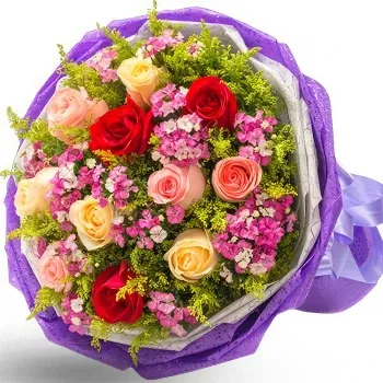 China online Florist - Vibrant Red, Pink, and Champagne Roses Bouquet