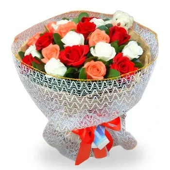 China online Florist - Romantic Red, White, and Pink Roses with Bear Bouquet