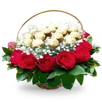 Kina Online Florist - Romantiska röda rosor med choklad i en baske Bukett