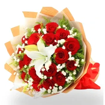 China online Florist - Red Roses, White Lilies, and Baby’s Breath Bouquet