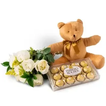 fleuriste fleurs de Amambai- Bouquet de 8 roses blanches, chocolat et ours Fleur Livraison