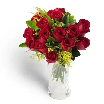 Amandaba bunga- Pengaturan 18 Mawar Merah dan Vase Dedaunan Bunga Pengiriman
