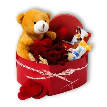 Caldas de Vizela Florista online - Caixa com ursinho + 3 rosas com Kinders Buquê