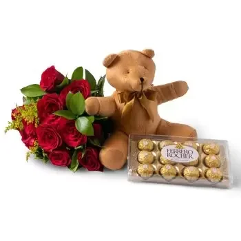 Agua Vermelha květiny- Kytice z 12 červených růží, medvídka a čokolá Květ Dodávka