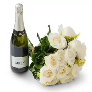 Acajutiba kwiaty- Tradycyjny bukiet 16 białych róż i wina musuj Kwiat Dostawy