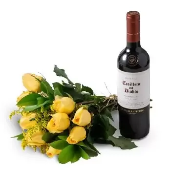 פורטלזה פרחים- זר של 15 ורדים צהובים ויין אדום פרח משלוח