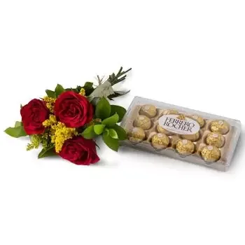 Agulha blomster- Arrangement av 3 røde roser og sjokolade Blomst Levering