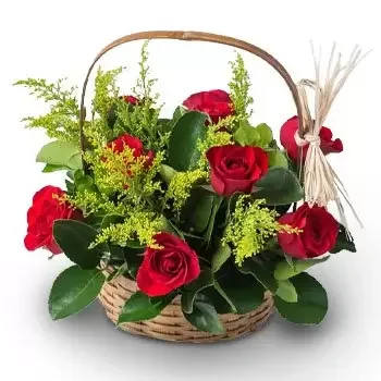 Anguereta bloemen bloemist- Mand met 9 Rode Rozen en Bladeren Bloem Levering