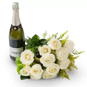 Altos kwiaty- Bukiet 15 białych róż i wina musującego Kwiat Dostawy